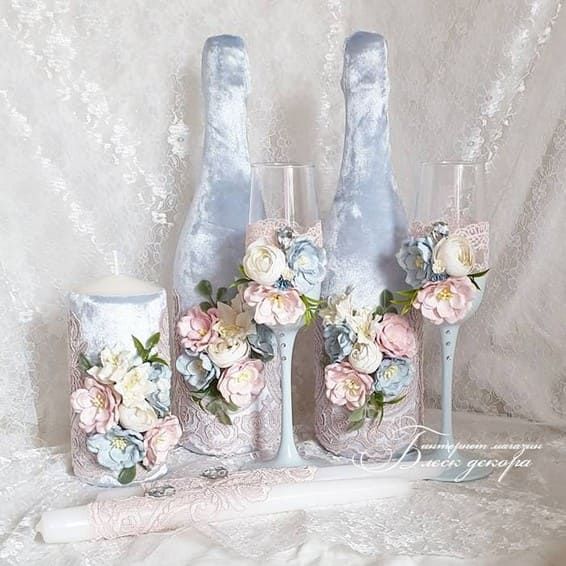 Набор свадебных аксессуаров в нежно голубом и пудровом цвете